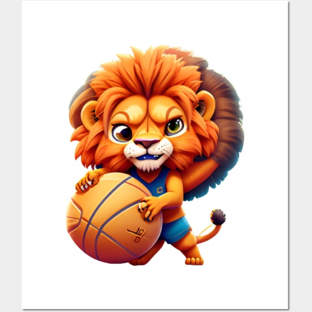 Cute Cartoon Lion Playing Basketball Wall Art by The Print Palace